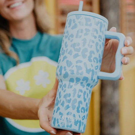 In Stock: 38oz Light Blue Leopard Tumbler